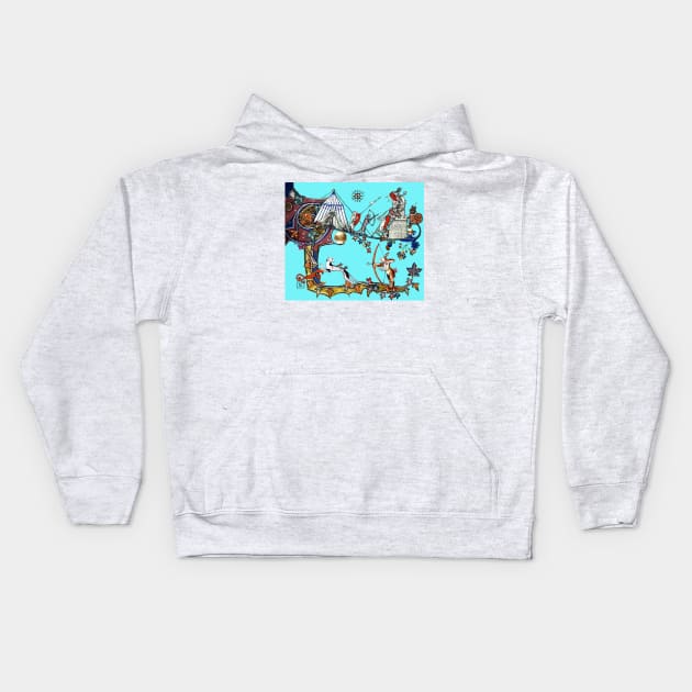 WEIRD MEDIEVAL BESTIARY WAR Between Dogs and Killer Rabbits in Blue Turquoise Kids Hoodie by BulganLumini